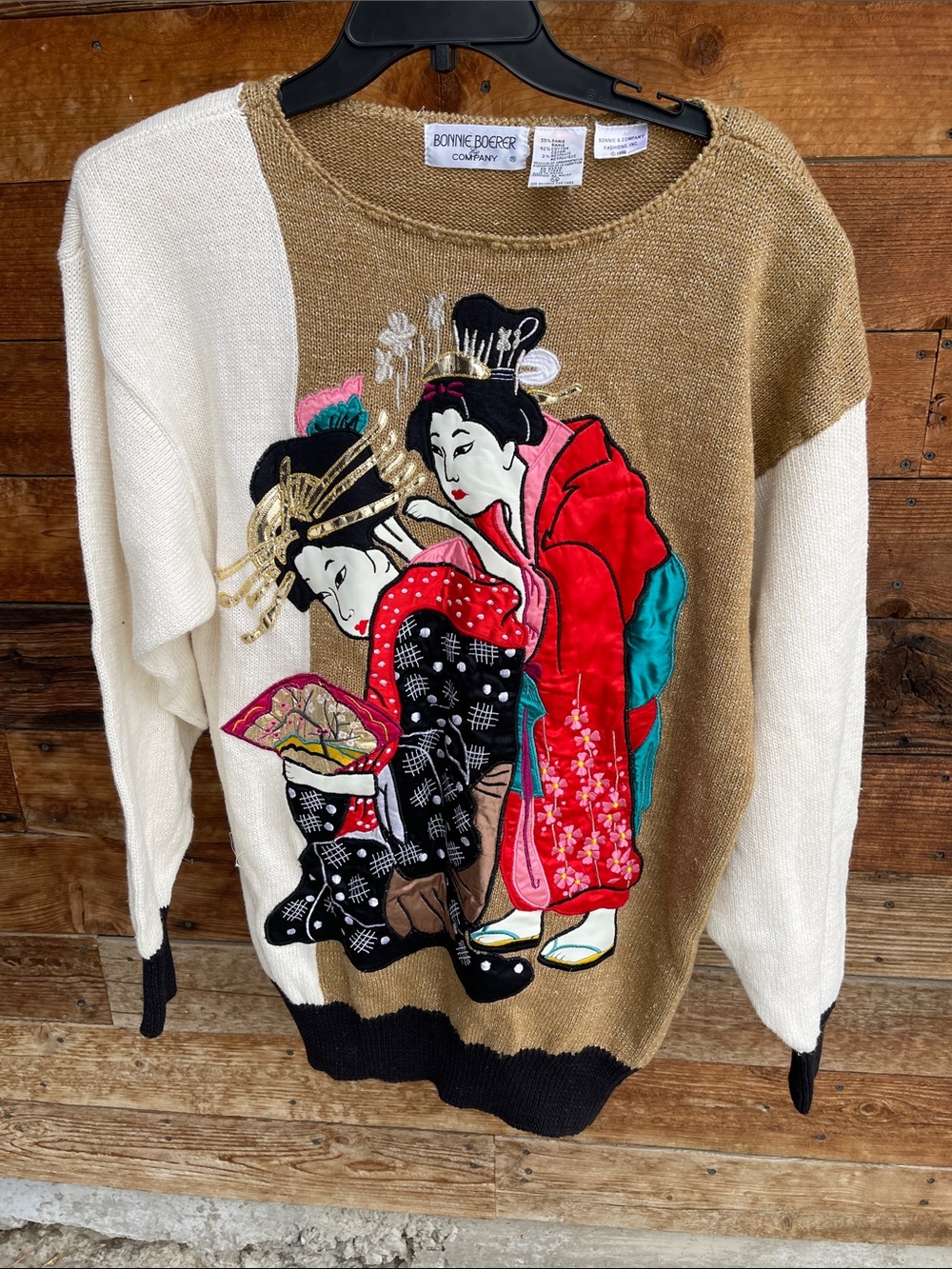 Vintage 1986 Bonnie Boerer Company Geisha Embellished Metallic Sweater Asian Art